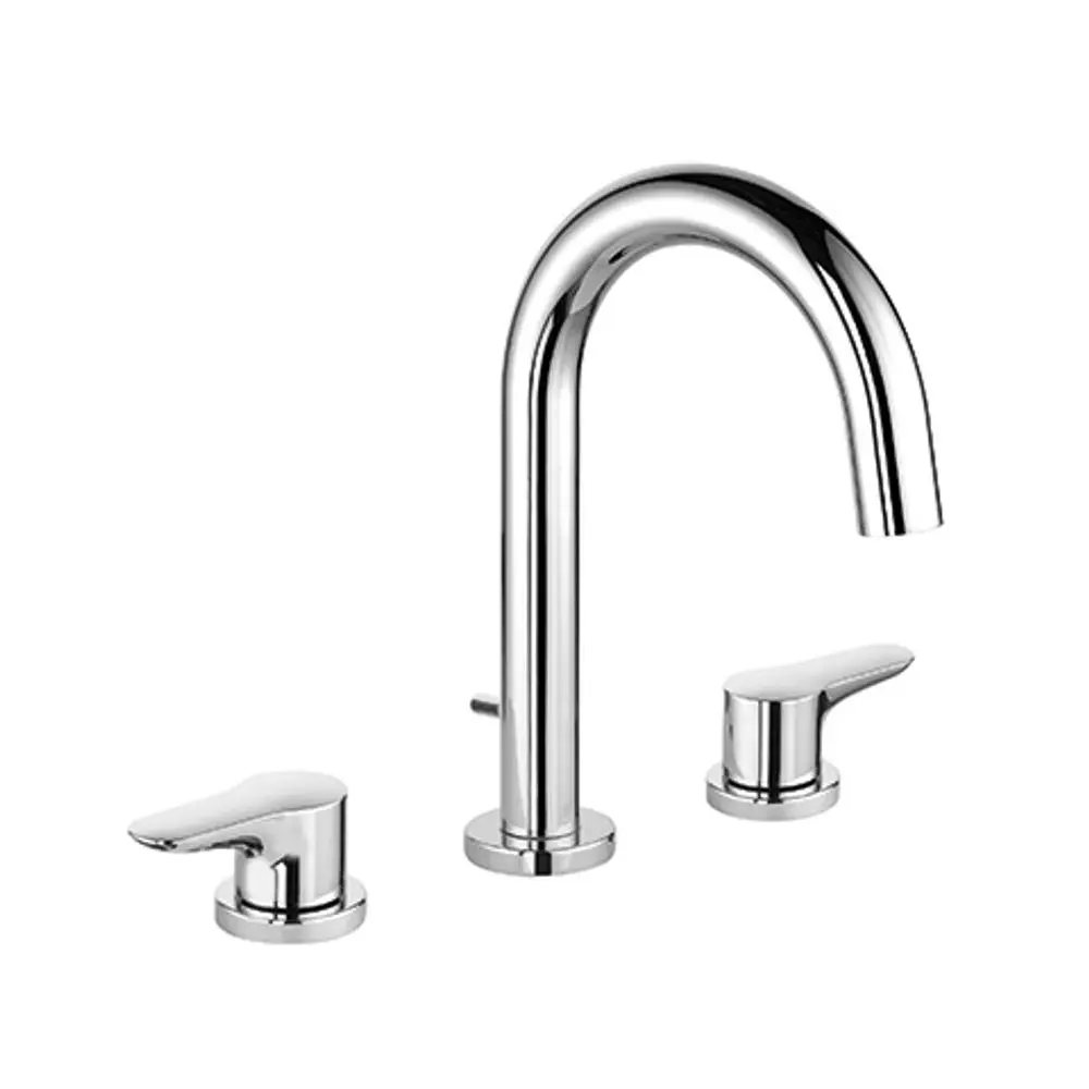 Wasserhahn in chrom mit zwei seitlichen Hebeln für Temperatur- und Mengenregulierung. Kludi Armatur mit hoher, gebogener Ausladung für Waschtischmontage.
